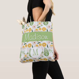 Tote Bag Jaune Vert Floral Girl Monogramme initial