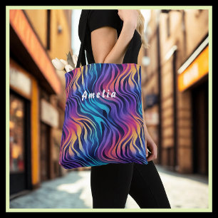 Tote Bag Jaune, Violet, Turquoise, Rouge, Tourbillons Noirs