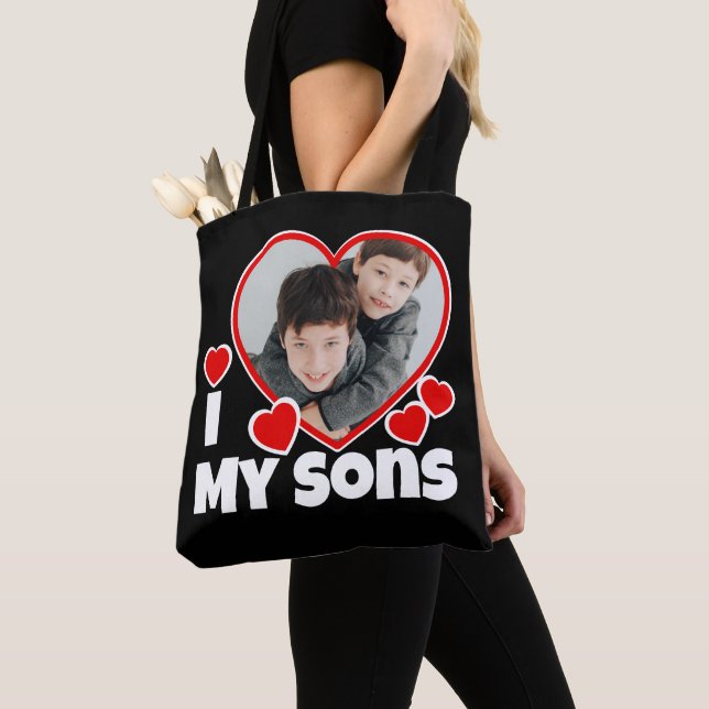 Tote Bag J'Coeur Mes Fils Photo Personnalisée Noir (De près)