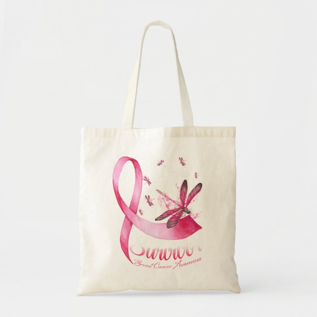 Tote Bag Je suis Un Survivant Dragonfly Pink Ribbon Cancer  (Devant)