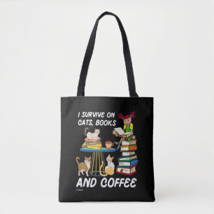 Tote Bag JE SURVIVE SUR LES CHATS, LIVRES ET CAFÉ drôle c
