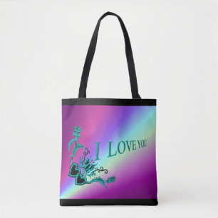 Tote Bag Je t'aime, Coeur avec Fleur et Papillon