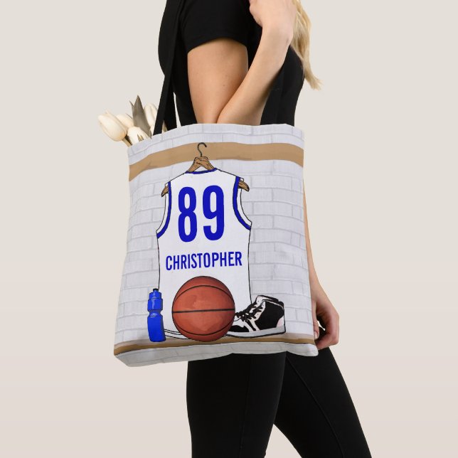 Tote Bag Jersey de basketball blanc et bleu personnalisé (De près)