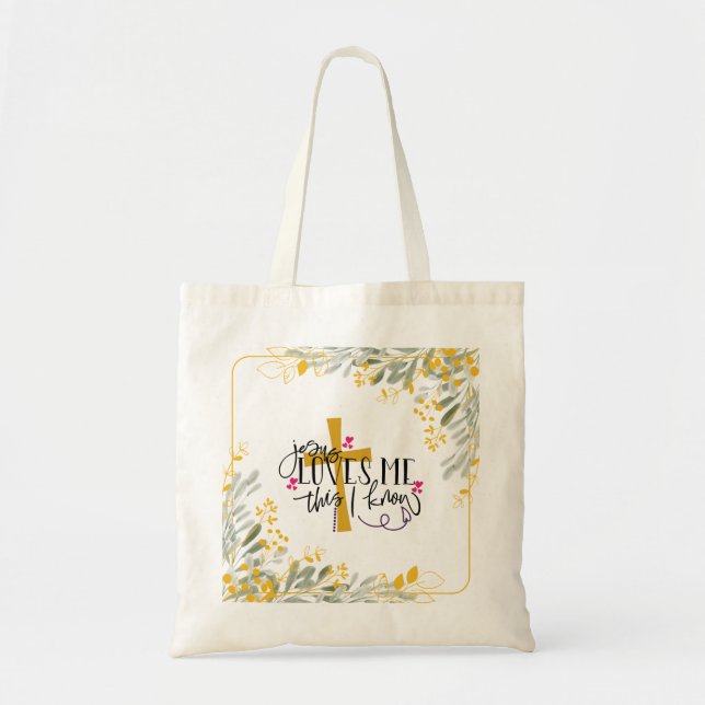 Tote Bag Jésus m'aime Ce que je connais, Croix et Fleurs (Devant)