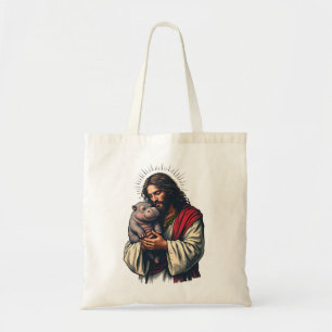 Tote Bag Jésus tenant un bébé Moo Deng Hippo