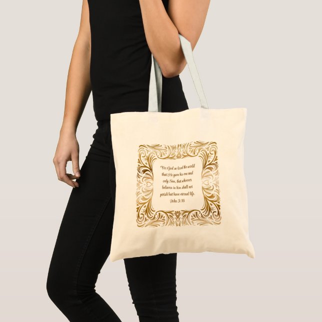 Tote Bag John 3:16 Écriture Personnalisée Unique Élégant Or (Devant (produit))