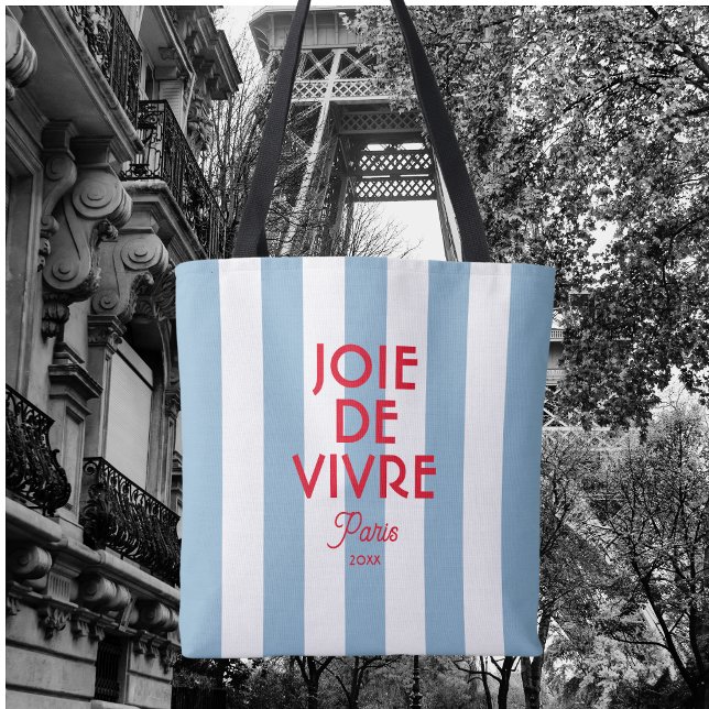 Tote Bag Joie De Vivre Paris French Blue Cabana Stripe (Créateur téléchargé)