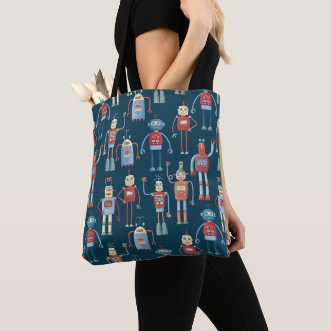 Tote Bag Joli 1950s Style Rétro Robot Motif foncé (De près)