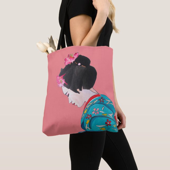 Tote Bag Joli art japonais Geisha avec fleurs de cerisier r (De près)