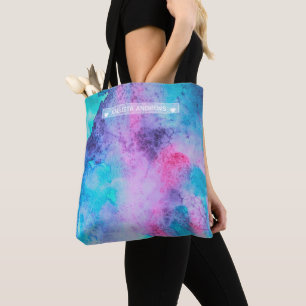 Tote Bag Joli bleu rose pourpre Aquarelle salée Monogramme