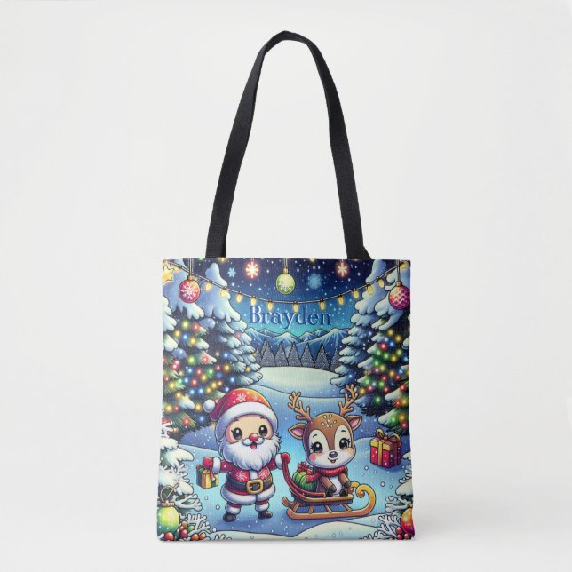 Tote Bag Joli Cartoon Père Noël et Reindeer Noël (Devant)