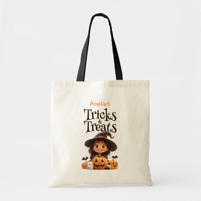 Tote Bag Joli Cartoon Sorcière Fantômes Citrouille Trick &  (Devant)