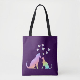 Tote Bag Joli Chat Arc-en-Ciel et Silhouette de Chien Amour