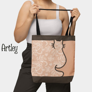Tote Bag Joli chat Brown et rose florale dentelle coupée