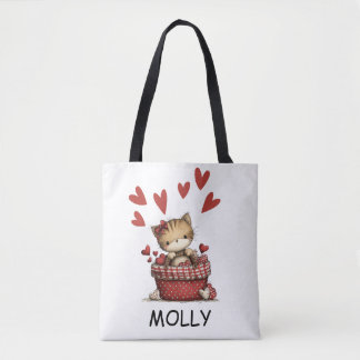 Tote Bag Joli Chat de la Saint-Valentin avec Cœurs Personna