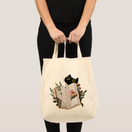Tote Bag Joli chat noir et livre floral