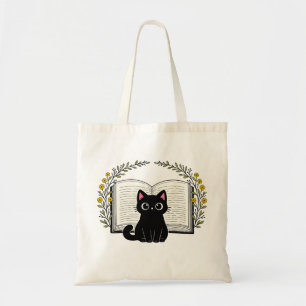 Tote Bag Joli Chat Noir Livre Ouvert Couronne de Fleurs Jau