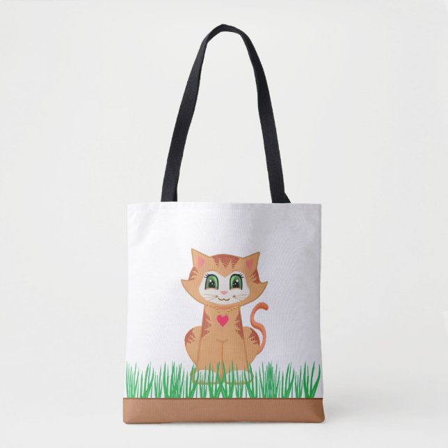 Tote Bag Joli chat tigré et plantes d'herbe (Devant)
