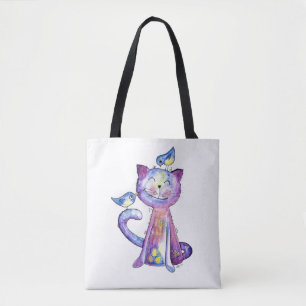 Tote Bag Joli Chat Violet Fantaisiste avec Oiseaux