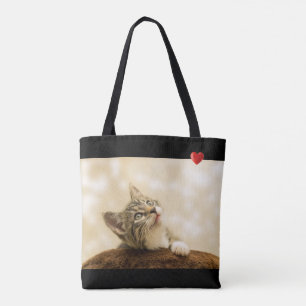 Tote Bag Joli chaton avec cœur sur fond noir