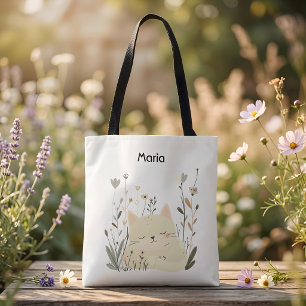 Tote Bag Joli chaton endormi Sage & Floral pastel 