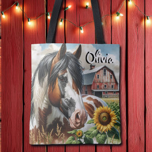 Tote Bag Joli Cheval Pinto Brown et Blanc sur ferme rustiqu