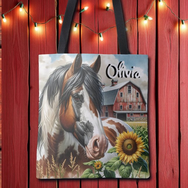 Tote Bag Joli Cheval Pinto Brown et Blanc sur ferme rustiqu (Créateur téléchargé)