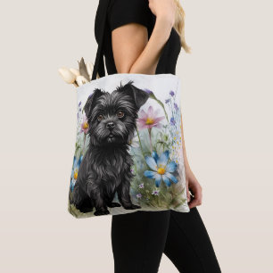 Tote Bag Joli chien Affenpinscher dans un champ de fleurs s