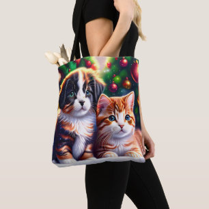 Tote Bag Joli chiot et chat sous l'arbre de Noël