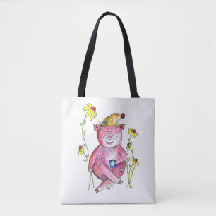 Tote Bag Joli Cochon Fantaisiste Buvant du Café