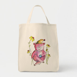 Tote Bag Joli Cochon Fantaisiste Buvant du Café