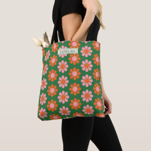 Tote Bag Joli Coloré Fleur Motif Vert rose Nom
