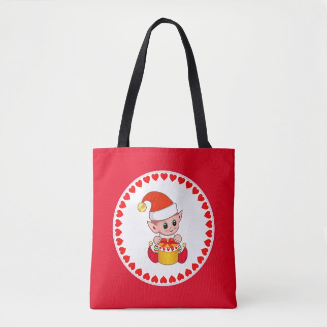 Tote Bag Joli elfe de Noël entouré de coeurs sur rouge (Devant)