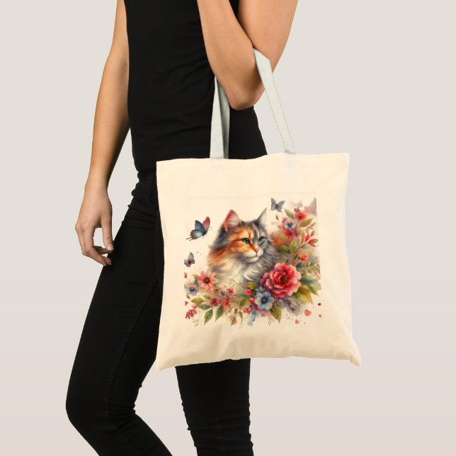 Tote Bag Joli floral avec Aquarelle de chat Calico (Devant (produit))
