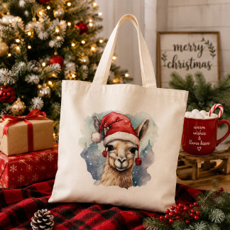 Tote Bag Joli lama de Noël à l'aquarelle pour les fêtes