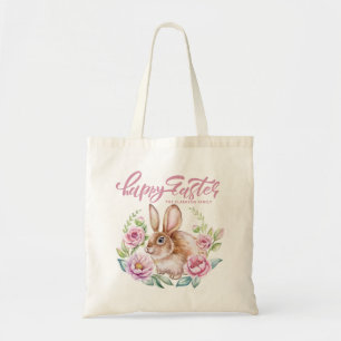 Tote Bag Joli Lapin Aquarelle Couronne Florale Rose Pâques