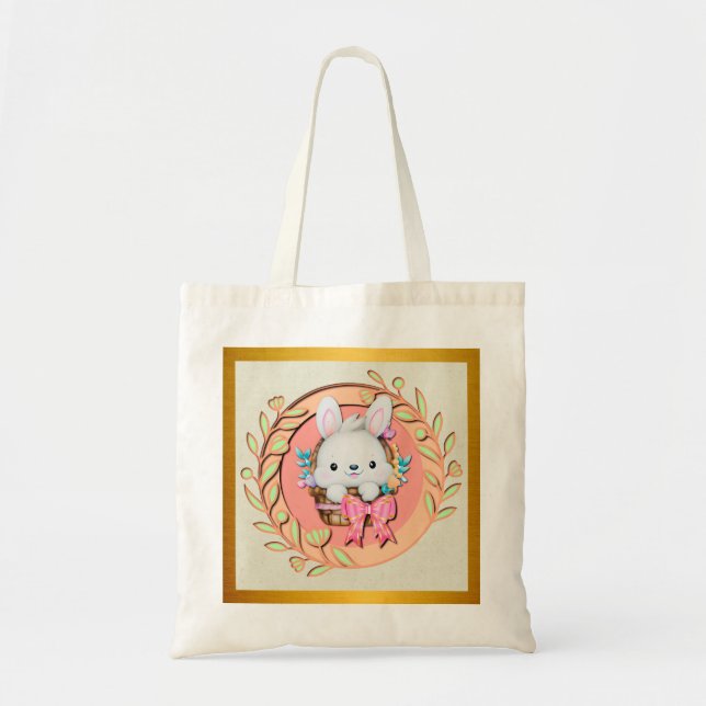 Tote Bag Joli lapin de Pâques assis dans le panier (Devant)