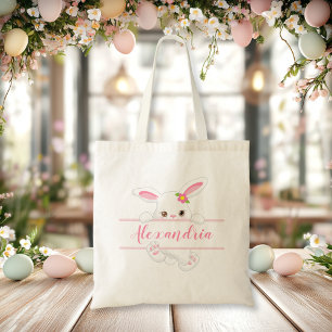 Tote Bag Joli lapin de Pâques rose Fille personnalisée