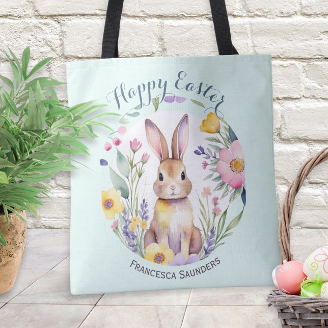Tote Bag Joli lapin et fleurs Pâques Plutôt heureux (A personalized tote bag with cute Easter bunny and flowers picture in a watercolor style)