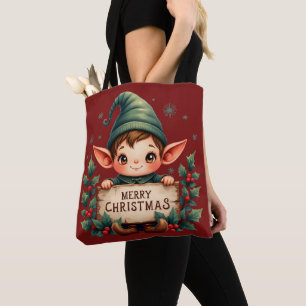 Tote Bag Joli Lutin de Noël Tenant un Panneau Joyeux Rouge
