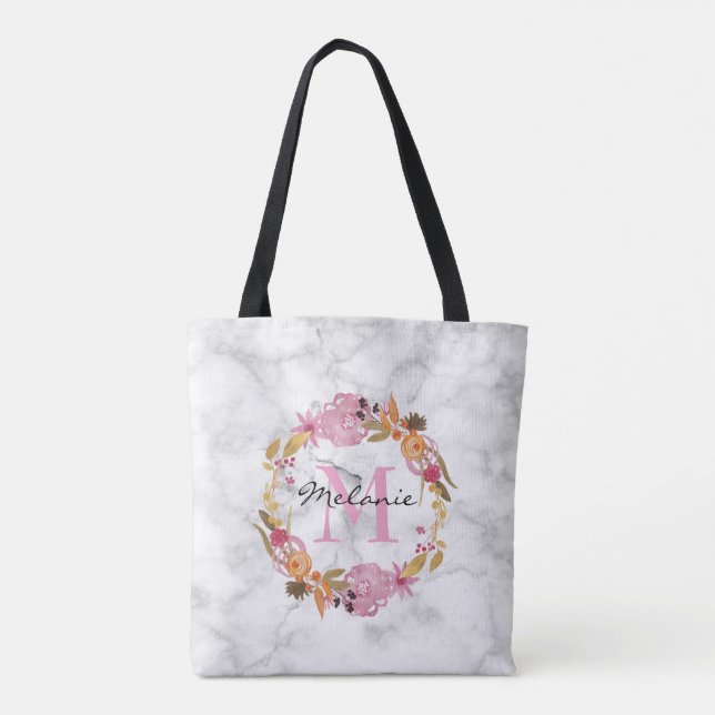 Tote Bag Joli Monogramme de couronne de fleurs rose (Dos)