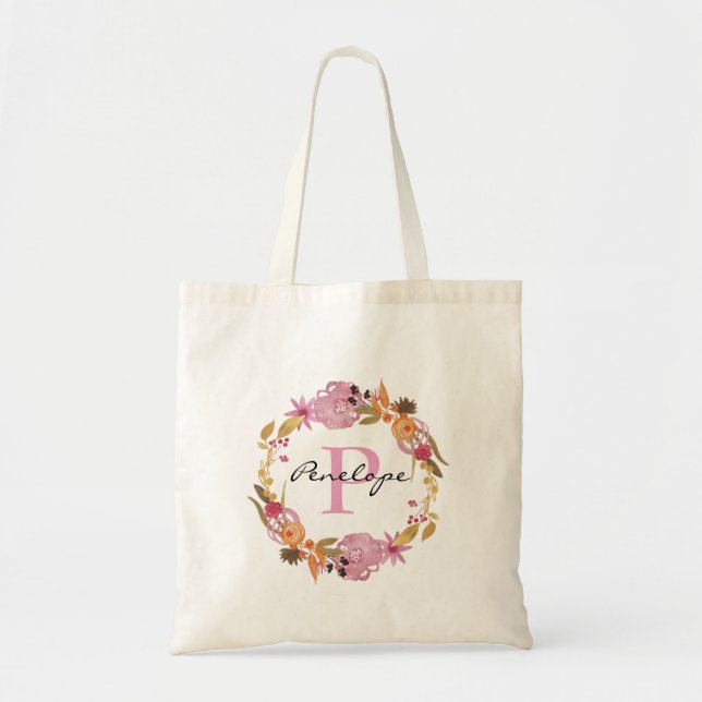 Tote Bag Joli Monogramme de couronne de fleurs rose (Devant)