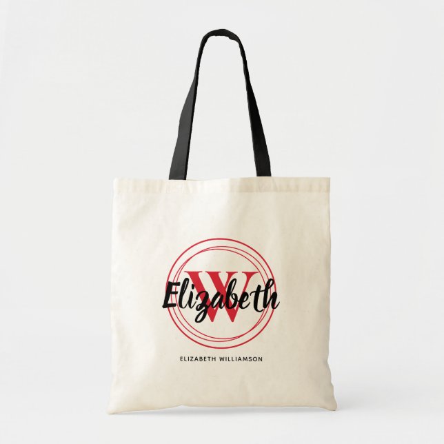 Tote Bag Joli monogramme rouge d'initiale de nom en script (Devant)