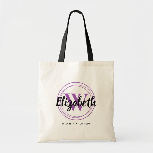 Tote Bag Joli monogramme violet Initiale Nom de script (Devant)