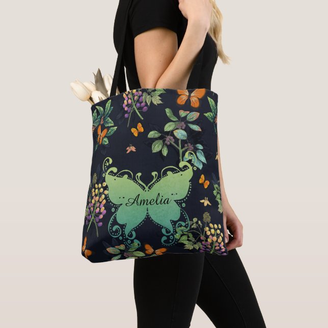 Tote Bag Joli Motif floral foncé personnalisé (De près)