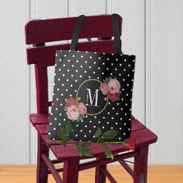 Tote Bag Joli noir Fleurs Vintages Pois Monogramme