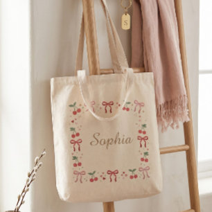 Tote Bag Joli Nom Personnalisé Cerise et Ruban Coquette