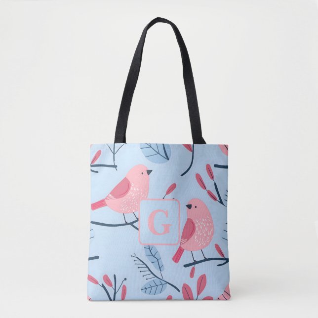 Tote Bag Joli oiseau rose sur bleu clair monogramme personn (Devant)
