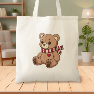 Tote Bag Joli ours en peluche beige avec écharpe rayée