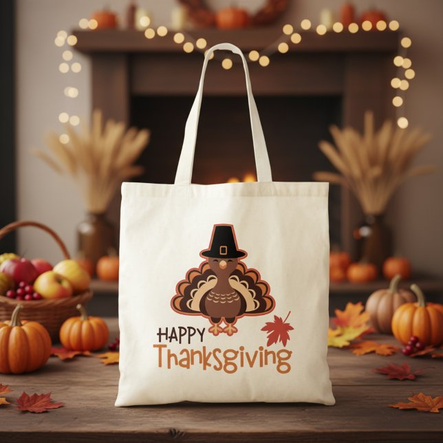 Tote Bag Joli pèlerin Bon thanksgiving Turquie (Cute Happy Thanksgiving Pilgrim Turkey Tote Bag)